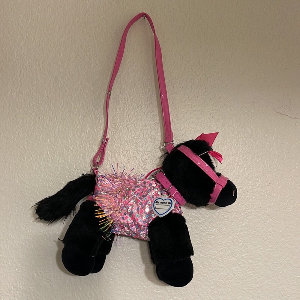 Black and Pink Plush Horse Bag